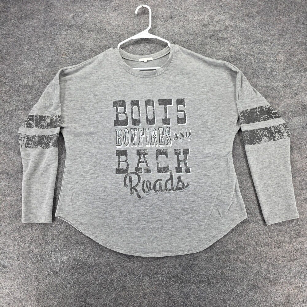 Maurices Shirt Womens Medium Long Sleeve Gray Boots Bonfires
